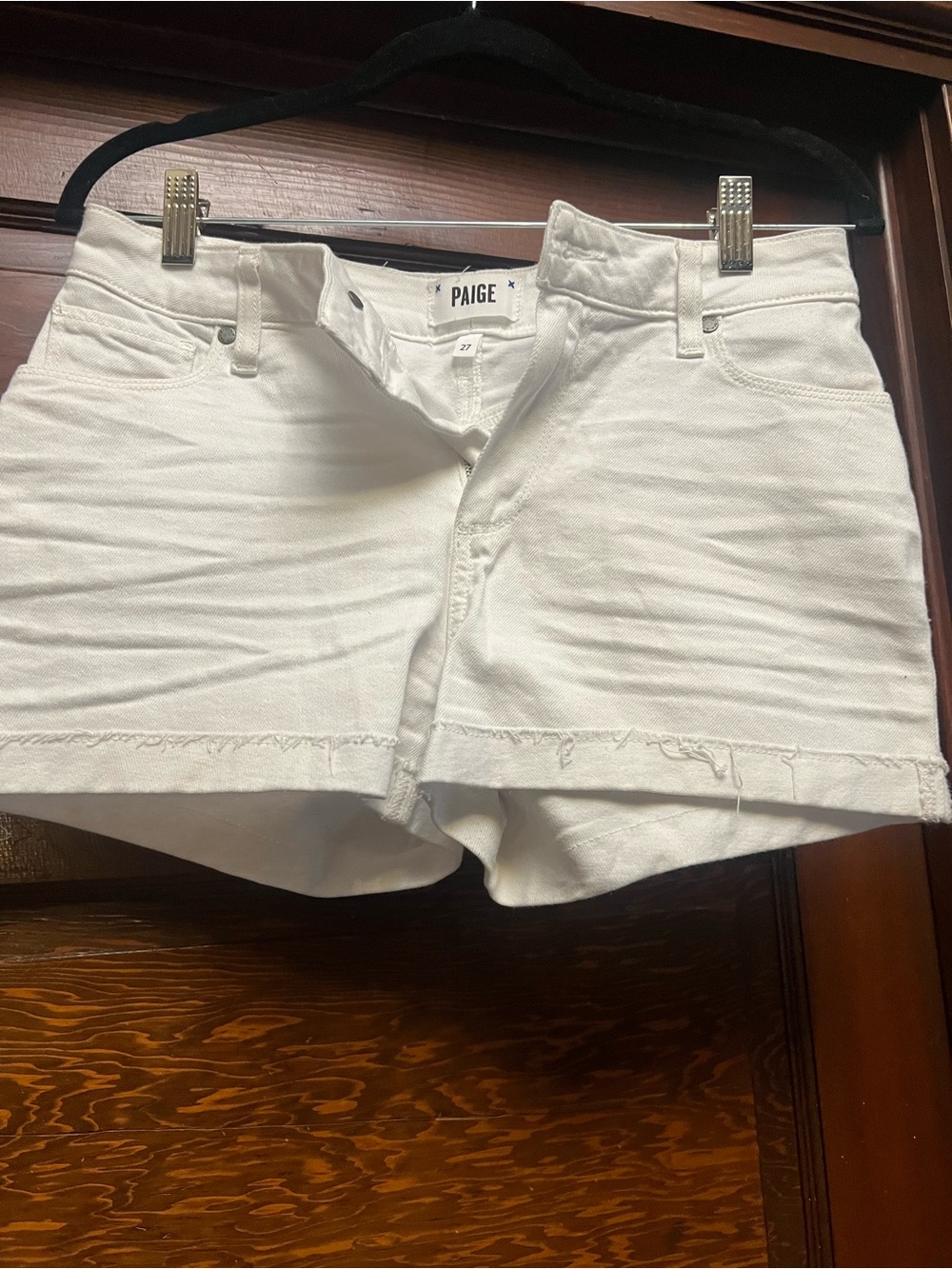 PAIGE White Frayed Hem Denim Shorts